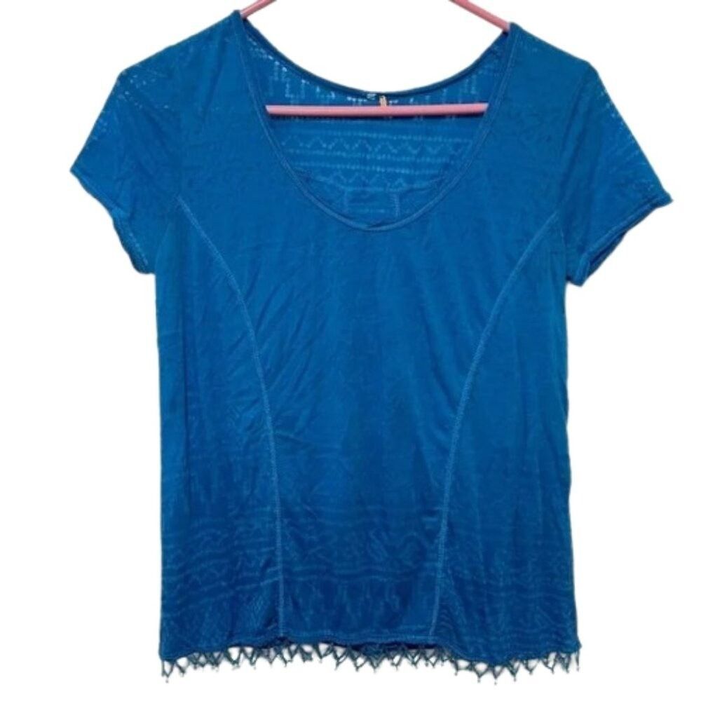 Free People Blue Burnout Beaded Fringe Short Sleeve Scoop Neck Top Boho Tee